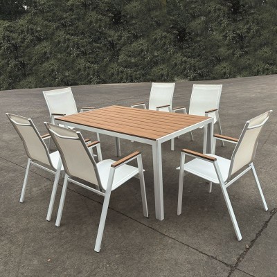 VIRNA Set Τραπεζαρία: Τραπέζι + 6 Πολυθρόνες, Μέταλλο Βαφή Άσπρο, Polywood Φυσικό
